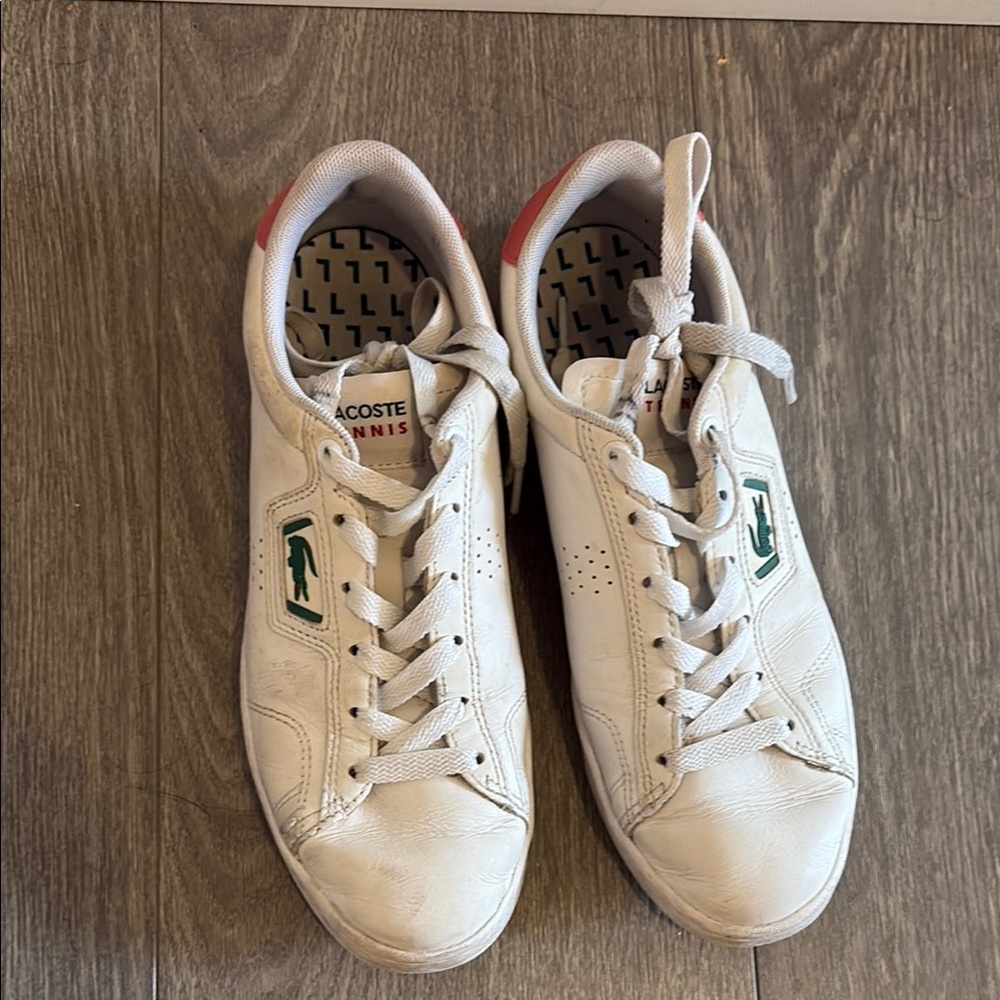Lacoste White Tennis Shoes with Green Accents